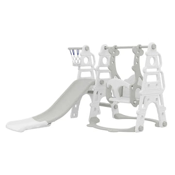 Aire de Jeux 4-en-1 Blanche pour Enfants – Toboggan, Balançoire, Escaliers et Panier