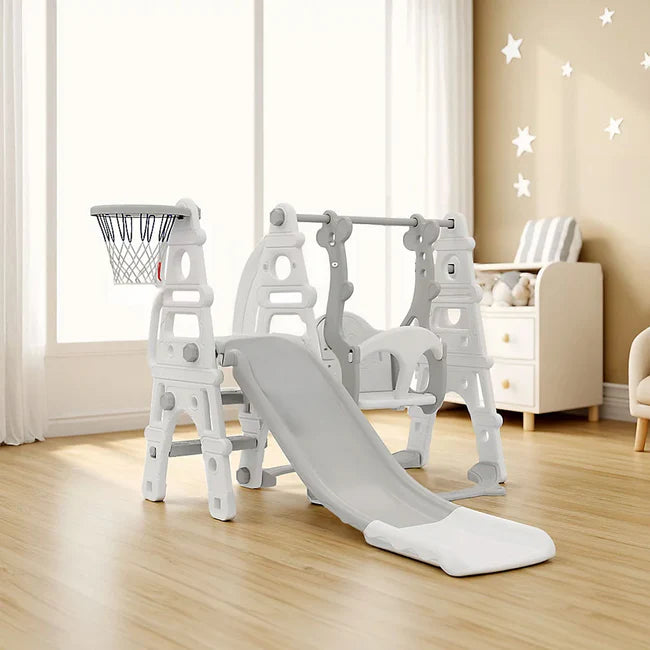 Aire de Jeux 4-en-1 Blanche pour Enfants – Toboggan, Balançoire, Escaliers et Panier
