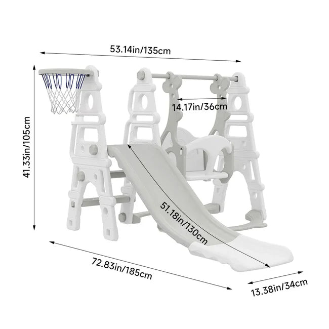 Aire de Jeux 4-en-1 Blanche pour Enfants – Toboggan, Balançoire, Escaliers et Panier