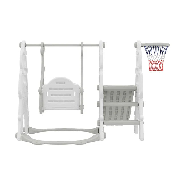 Aire de Jeux 4-en-1 Blanche pour Enfants – Toboggan, Balançoire, Escaliers et Panier